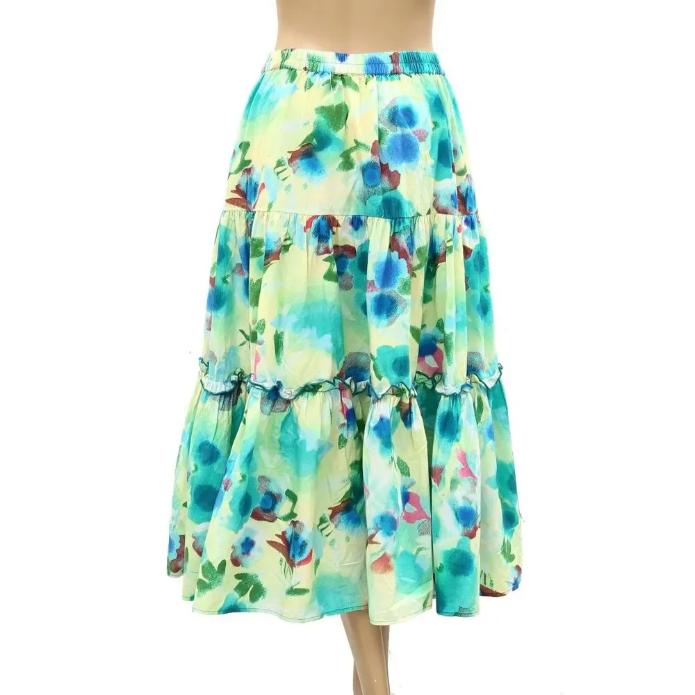 Damson Madder Painterly Floral Printed Tiered Midi Skirt Ruffle Beach S 287133